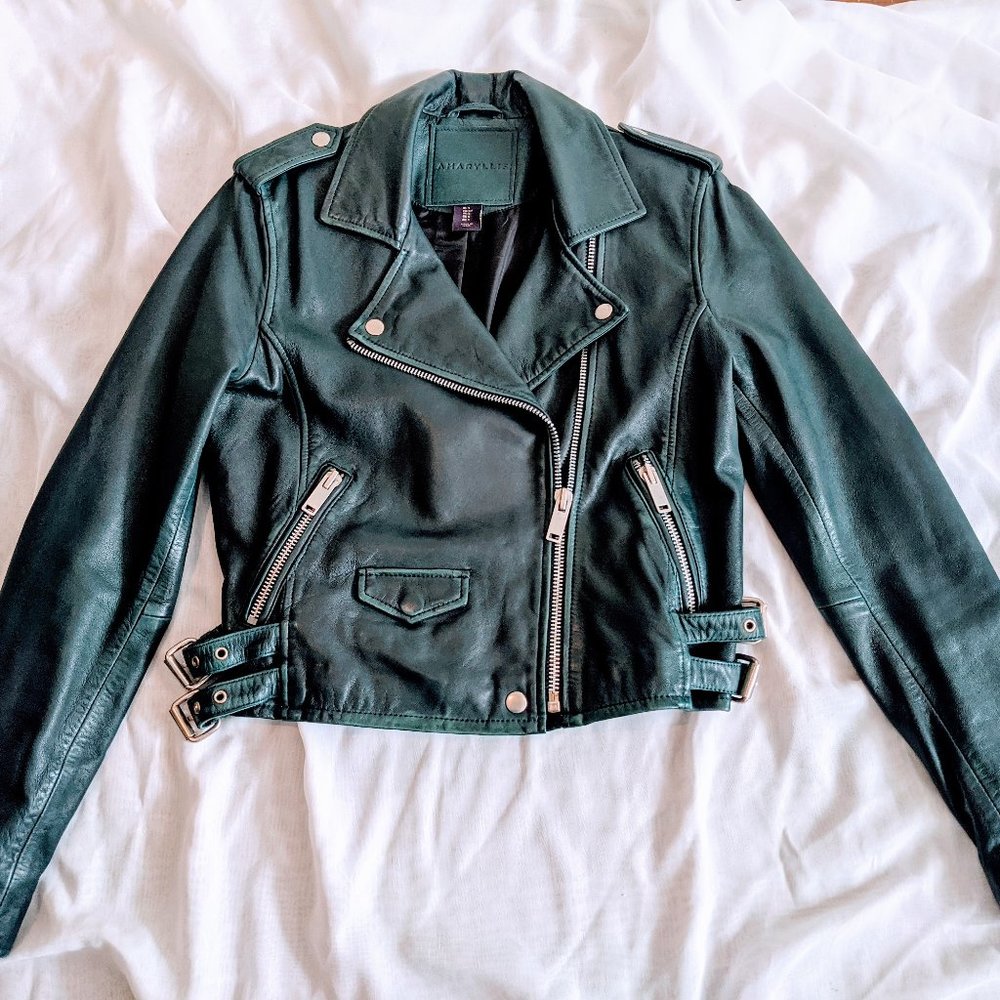 Dark Green Genuine Leather Moto Jacket